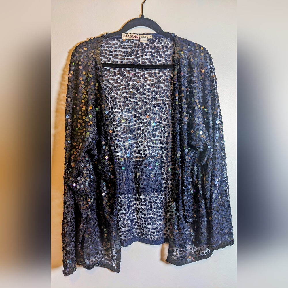 J.J. Adams Blue Iridescent Sequin Open Front Evening Jacket Kimono sz 1X Festive